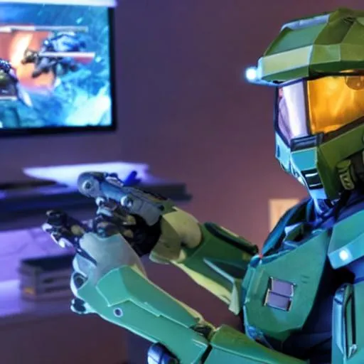 Prompt: Master chief playing video games