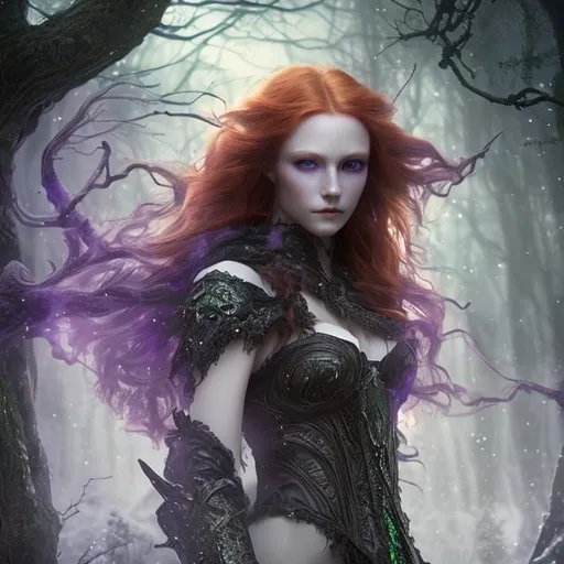 Prompt: Detailed fantasy 8k mystical light portrait of a witch with ivory clear skin, long redhead hair and deep purple eyes. Gorgeous hot body, she wears rich aderent green dress, night light, forest, dramatic, charming pose, magical, fantasy,  high detailed, dramatic light