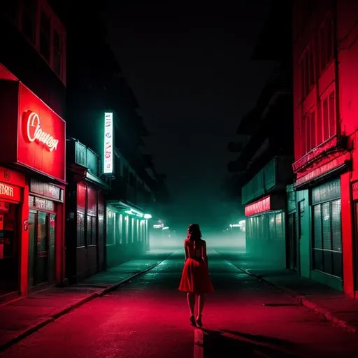 Prompt: A photography in Elsa Bleda style, a woman silhouette from behind, red dress , walking alone in a decadent street at night, moonlight, Foggy, rim red neon lights illuminating the ambient, ethereal gloomy mood. 