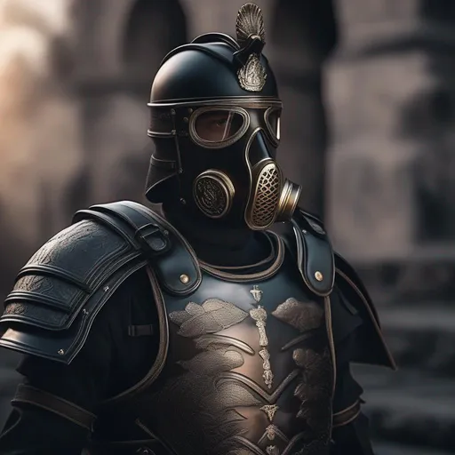 Prompt: A modern roman military male in black military roman armor and shield scutum, and gas mask, background war battle, Hyperrealistic, sharp focus, Professional, UHD, HDR, 8K, Render, electronic, dramatic, vivid, pressure, stress, nervous vibe, loud, tension, traumatic, dark, cataclysmic, violent, fighting, Epic