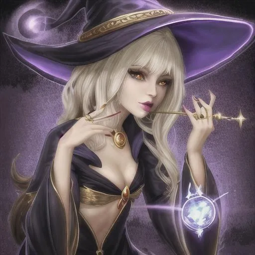 Prompt: Butiful witch with a magic wand and gold lips and a magic ring