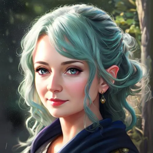 Prompt: oil painting, UHD,  8k, Very detailed, panned out view, whole character, female hobbit mature adult, visible face, friendly face, crazy hair