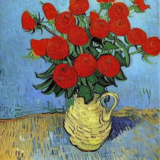Prompt: a bouquet of roses and lillies pained by van gogh
