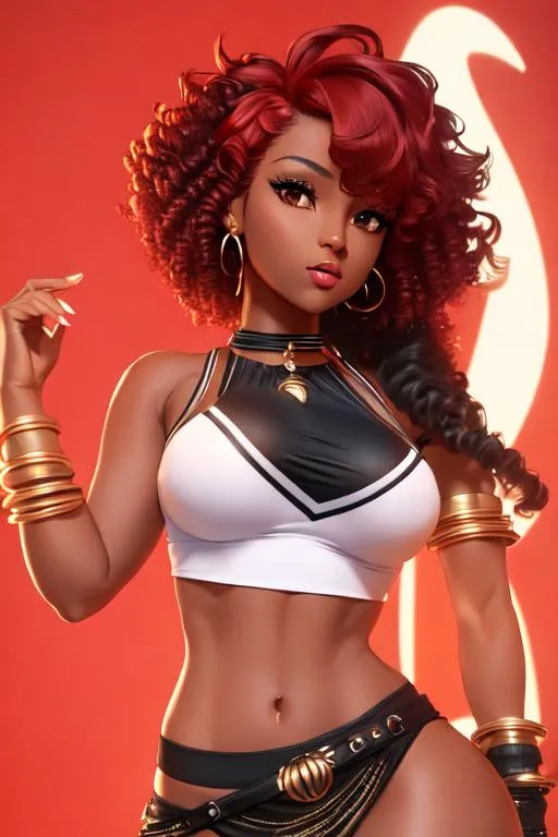 Prompt: Female, (masterpiece), best quality, dark skin, perfect body, detailed face, detailed body, perfect body, upper body, ((mini skirt:1.2)), midriff, crop top, emo, red hair, pixie cut, curly hair, expressive eyes, ((22 years old)), smooth stomach, perfect hourglass figure, highres, realistic, photorealistic, hyper realistic, fine details, ((bright color splash style background:1.3)), perfection, 1girl, solo, dynamic pose, dynamic angle, ((leaning forward:1.1)), (college student), clean lines, 8k, close up, (((reaching for me)), UHD
