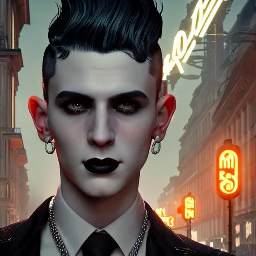 Prompt: beautiful mid-twenties goth young french male, dandy, decadence, smile, long black hair shaved sides, art deco berlin, portrait, realistic details, photorealistic, 8k render, cinematic lighting, ultra detailed