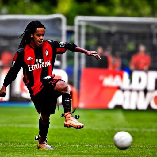 Prompt: Ronaldinho Gaúcho playing for Milan (with Bwin sponsorship on the shirt)