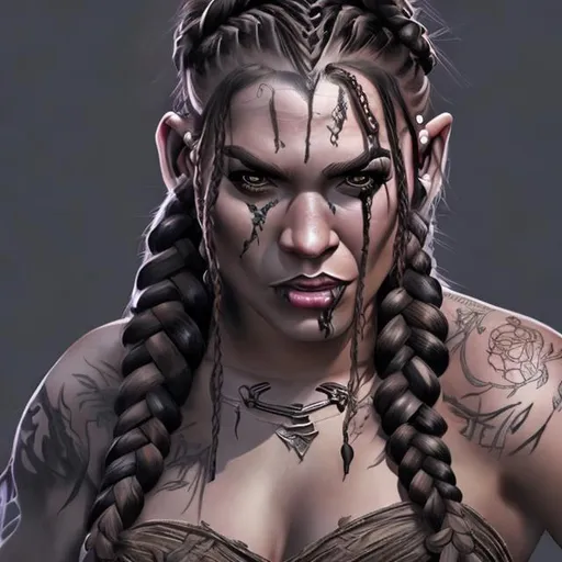 Prompt: sensual female half-orc, young, tattoos, braids, digital art, detailed