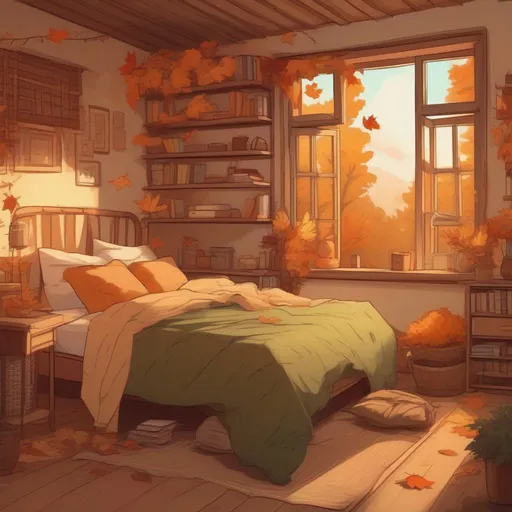 Prompt: cozy autumn illustration scenery a cozy bedroom by steve mcdonald using warm colors and greens demizu posuka style