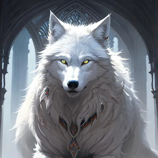 Prompt: (White wolf), greg rutkowski, vibrant colors, full hd, high quality, 4k, trending on artstation, oil painting, symmetrical, intricate, highly detailed,