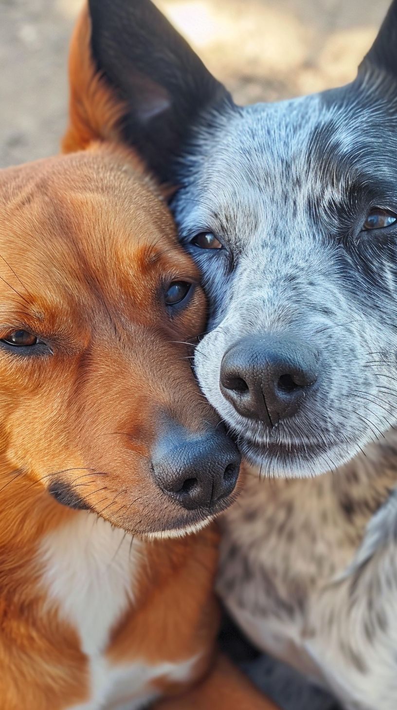 Prompt: Bingo a red heeler and Bandit a blue heeler from the show Bluey, rubbing noses together being cute, in the style of the hit TV show Bluey, --ar 9:16 --v 6.0