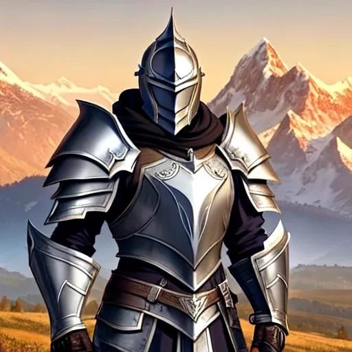 Prompt: A paladin holding a sword. Silver plate armor, he wears an helmet. Mountains in background.
Well draw 