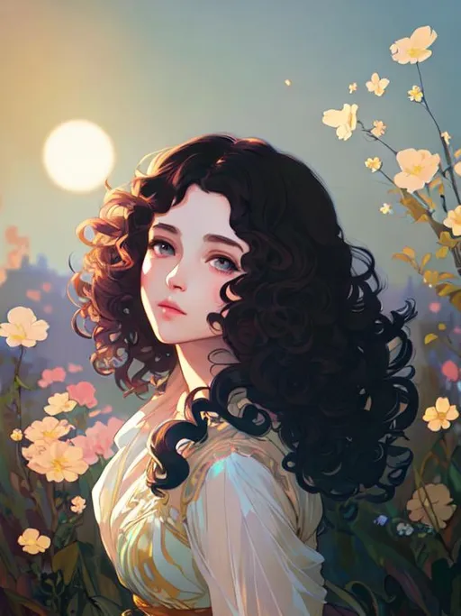 Prompt: short, curly haired girl. by Ilya Kuvshinov and Alphonse Mucha. Dreamy, pastel colors, honey, genshin impact game