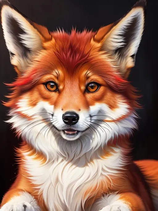 Prompt: (8k, masterpiece, oil painting, professional, UHD character, UHD background) Portrait of Vixey, Fox and Hound, close up, mid close up, brilliant glistening red fur, brilliant amber eyes, big sharp 8k eyes, sweetly smiling, detailed smiling face, pretty sitting, (extremely beautiful), (open mouth, uv face, uwu face),  alert, curious, surprised, cute fangs, extremely detailed eyes and face, enchanted snowy garden, paradise garden, vibrant flowers, vivid colors, lively colors, vibrant, complementary colors, high saturation colors, flower wreath, tail barely visible, detailed smiling face, highly detailed fur, highly detailed eyes, highly detailed defined face, highly detailed defined furry legs, highly detailed background, full body focus, UHD, HDR, highly detailed, golden ratio, perfect composition, symmetric, 64k, Kentaro Miura, Yuino Chiri, intricate detail, intricately detailed face, intricate facial detail, highly detailed fur, intricately detailed mouth