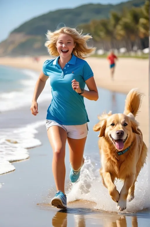 Prompt: Pretty teenage girl, short blonde hair, blue eyes, running with her Golden Retriever dog, knit polo shirt, knit shorts, sneakers, sunny beach, happy expression, fluid movement, high-res, vibrant colors, sports photography, sunny beach setting, detailed features, dynamic activity, candid shot, natural lighting