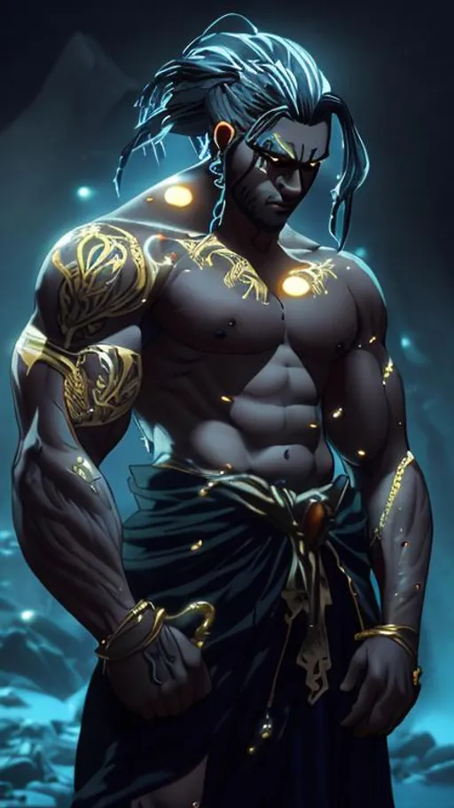 Prompt: Shirtless, gold tattoos, cloth around waist, glowing white eyes, black skin, muscular, white flowing hair