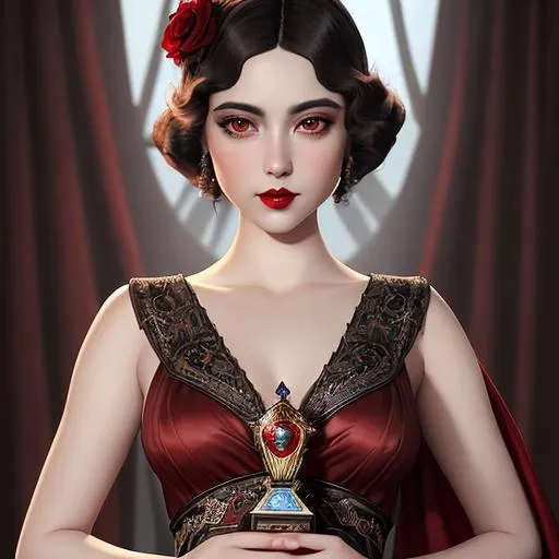 Prompt: Ethereal fantasy image detailed painting by Tim burton and artgerm portrait of a beautiful 1920's high class young aristocrat female with dark brown eyes perfect cherry red lips wearing a very beautiful formal gown,  artgerm, award-winning cgi, blender 