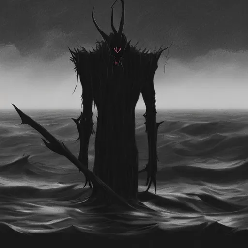 Prompt: A tall thin demon standing in the dark ocean 