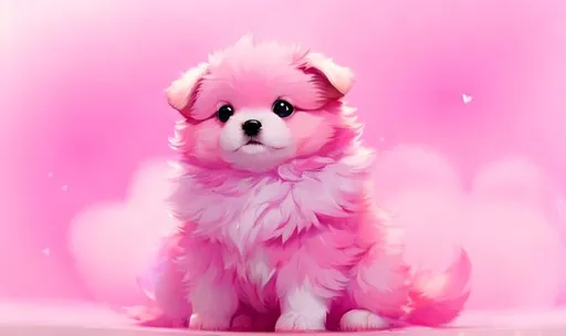 Prompt: Cute, pink, fluffy, fantasy love puppy, with light, pink eyes, very, pink fur, and possessing the element of love and making circles of hearts move around in the air in a magical way, background with pink fluffy hearts. Perfect features, extremely detailed, realistic. Krenz Cushart + loish +gaston bussiere +craig mullins, j. c. leyendecker +Artgerm.
