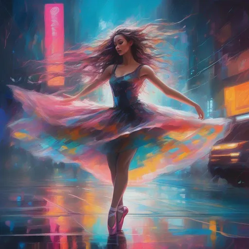 Prompt: A colourful and beautiful cyberpunk ballerina with long and thick hair wearing a flowing dress with a big skirt made of clouds dancing in the rain in a bright and neon cyberpunk world in a painted impressionistic style