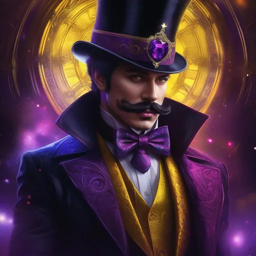 Prompt: fantasy, digital painting, man with top hat a moustache bowtie and a suit with a crown, horror, sharp focus, highest quality, masterpiece, intricately hyperdetailed, ultra-realistic, UHD, epic dark fantasy, D&D, Abyss, lots of yellow and purple , handsome, mysterious, eyes must be glowing red, galaxy, pendant on chest glowing, scary, king