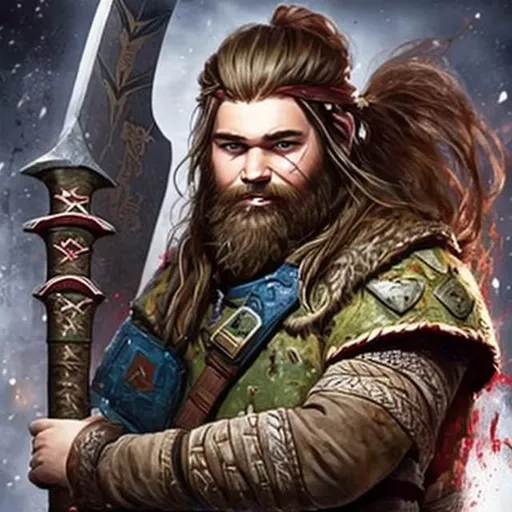 Prompt: a young northern barbarian with long hair and a beard covered in messy hide and holding a one-handed axe