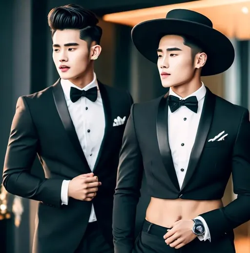Prompt: two attractive 20-years old guys with abs singing, but one of them has a fancy hat with leaf and is wearing a crop top black suit and tie and his belly button is exposed
