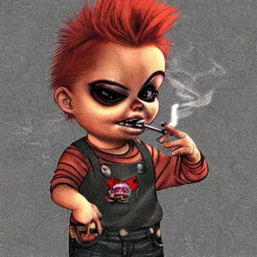 Prompt: Chucky smoking a cigarette 