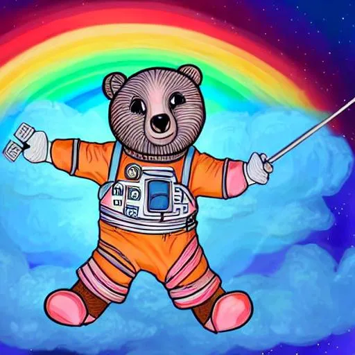 Prompt: Highly detailed portrait of a cute little bear wearing an astronaut suite. He has a bright and cheerful color scheme, featuring a mix of pastel blues, pinks, and purples, standing with his arms folded holding a toy sword, surrounded by a swirl of energy. The background is a colorful cartoon landscape, with fluffy clouds and a rainbow. The background is a stark, metallic landscape, with a futuristic cityscape visible in the distance. by atey ghailan, by eduard hopper, by greg tocchini, by james gilleard, grunge aesthetic graffiti