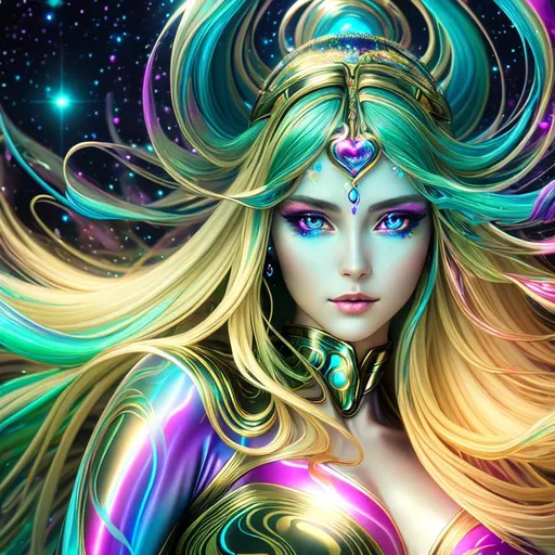 Prompt: Happy, Serene, Affectionate, psychedelic cinematic, Nebula, 3D HD Beautiful [{one}{Goddess}Female liquid satin, Beautiful big {heart-shaped}reflective eyes, long flowing hair, beautiful hands]::2, expansive metallic background, supernova, freeform colorful ink chaos, hyper realistic, 8K --s98500