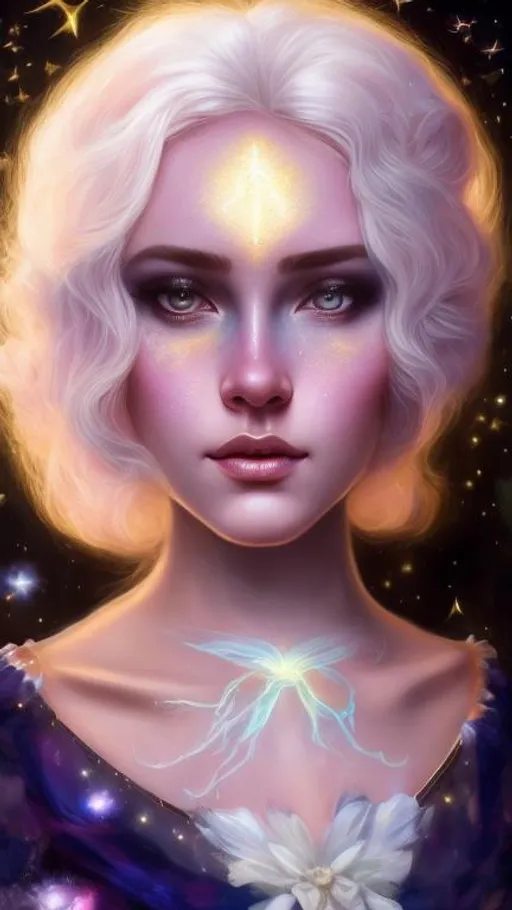 Prompt: A very beautiful woman with hair made of glowing clouds illuminated by the moonlight, freckles shaped as Golden stars, artistic makeup with a metallic iridescent pallette, art by Tom Bagshaw, artgerm, ilya kuvshinov,  Huang Guangjian, Josephine Wall, WLOP, art by Laura Hollingsworth, Andrew Atroshenko, 4k, pretty visuals, aesthetic, artstation, unreal engine, shadow effect, insanely detailed and intricate, highly detailed, shooting stars, iridescent effect to the white clouds.