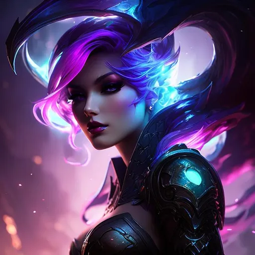 Prompt: upper torso portrait of league of legend's Evelynn as dark creature, purple hair, soft lighting, perfect composition, cinematic, video game trailer, dramatic, detailed painting, 8k, octane render, by makoto shinkai, stanley artgerm lau, wlop, rossdraws, concept art, digital painting, looking into camera,