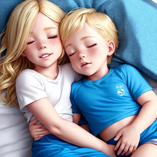 Prompt: Blonde hair, freckles, perfect skin, blushing, full body, half long hari, child, beautiful, blue eyes, blonde hair, eyes closed, child 5 years old, full lips, laying down in bed, sleeping,cute sleeping, 4K, 16K, highly realistic, extremely detailed, photo realistic, photo quality, anatomically correct