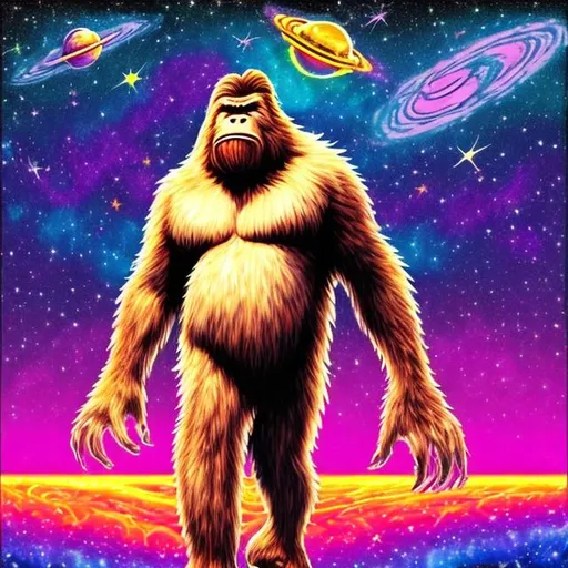 Prompt: Bigfoot in outer space in the style of Lisa frank