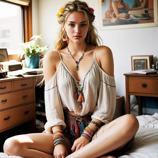 Prompt: A messy room in an apartment.
Age:18 Girl with a shy cute and beautiful features, pronounced cleavage
Bohemian Free-Spirit:

Long, loosely braided blonde hair with small flowers woven into it.
Big hoop earrings, colorful bracelets, and a simple nose stud.
Wears a flowy, off-shoulder peasant blouse, wide-leg patterned pants, and beaded sandals.