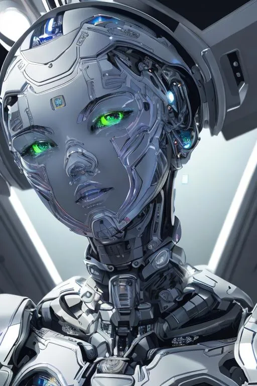Prompt: close up shot, portrait, cinematic shot,

intricate robotic girl, pretty robot, android + humanoid,

detailed face, detailed robotic eyes, detailed robotic nose, detailed robotic mouth and lip, detailed robotic body,

ultra detailed futuristic room interior background,

futuristic theme, vibrant color, contrast,

((very strong light on face, cinematic lighting, volumetric lighting, iridescent lighting reflection, reflection, beautiful shading, head light, back light, natural light, ray tracing, symmetrical)),

HDR, UDR, 64K, masterpiece, professional work,