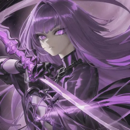 Prompt: Beautiful female alien hybrid, detailed eyes, has a sword emanating lightning, a young anime woman with long purple luxurious hair with a fringe haircut, purple eyes, disoriented due to memory loss, wearing a neon purple t-shirt inside of a black coat with chains, not too revealing, wears black leather gloves, an amethyst hairclip in her hair, fantasy, clear sparkling lavender glowing eyes, purple eyes, intricately detailed face, intricate, highly-detailed, ultrarealistic face, large landscape, mechanics, dramatic lighting, gorgeous face, lifelike, stunning, digital painting, large, artstation, illustration, concept art, smooth, sharp focus, highly detailed painting, looking and smiling at viewer, full body, photography, detailed skin, realistic, photo-realistic, 8k, highly detailed, full length frame, High detail