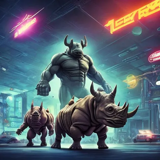 Prompt: Bodybuilding Rhinos playing guitars for tips in a busy alien mall, widescreen, infinity vanishing point, galaxy background