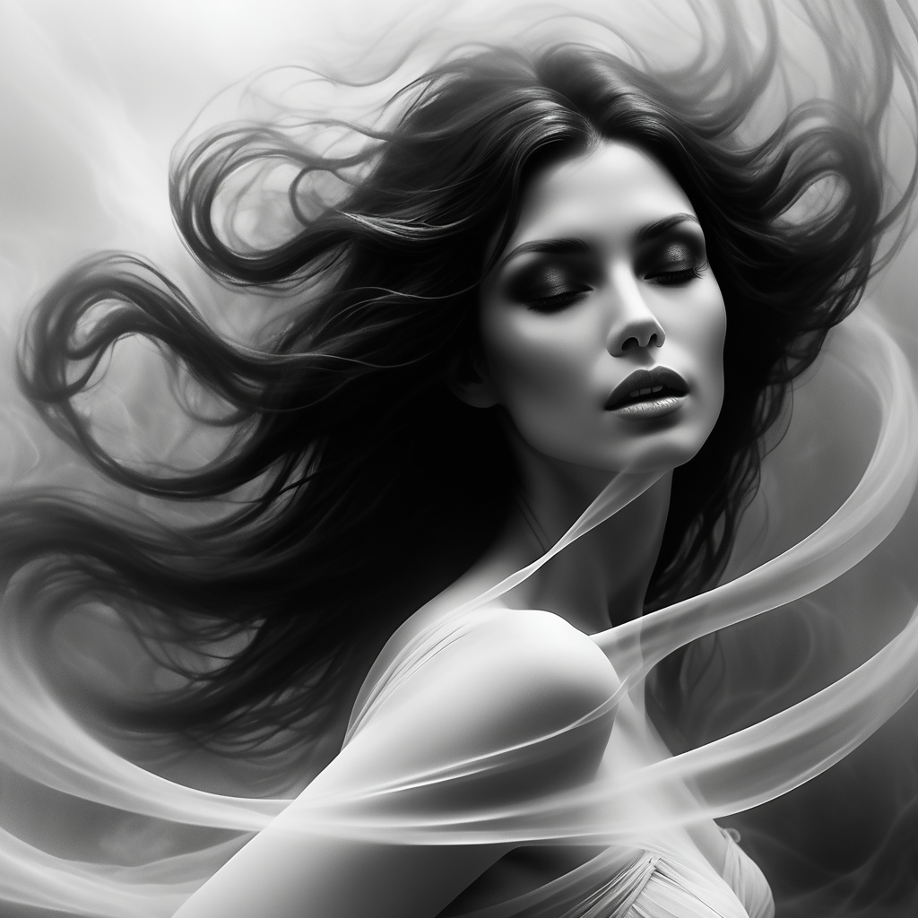 A misty surreal black and white up close image of a beautiful ghost woman with flowing dark hair