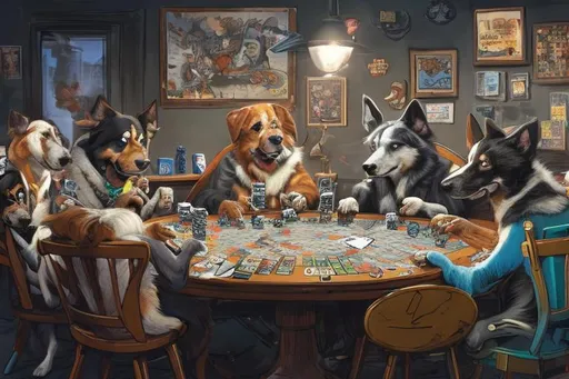 Prompt: Dogs Playing Poker : 
2D,
Illustration,
Graphic novel,
Neal Adams,
Trending on Artstation,
DC comics,
8k,

