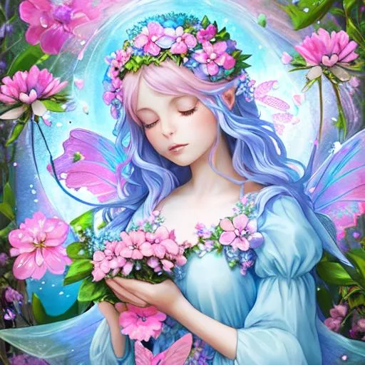 fairy goddess of spring. pink and powder blue flowers