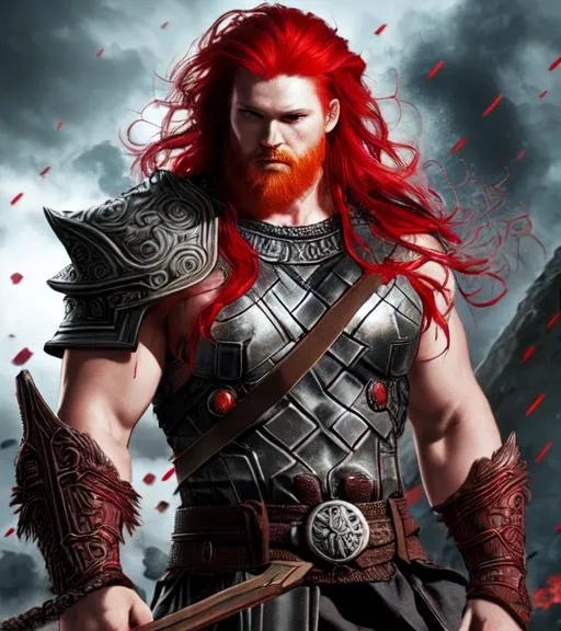 Prompt: splash art of a {thunder god}, {norse}, {red hair}, with {mjolnir}, hyperrealistic, perfect composition, super detailed, sharp focus HDR, UDR, 64k