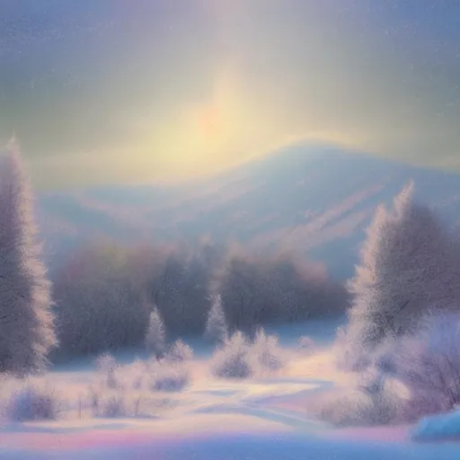 Prompt: Diamond blizzard over a snowy landscape in pastel