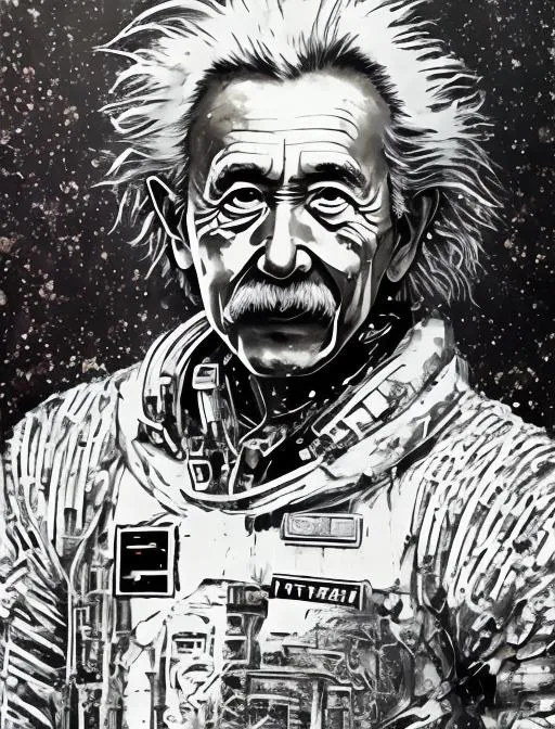 Prompt: (((Yoji Shinkawa))), sticker of ultra detailed portrait of Albert Einstein in space suit, full body, high quality cell shaded illustration in post apocalyptic style by Yoji Shinkawa, ((full body)), dynamic pose, perfect anatomy, centered, freedom, soul, brown long hair, approach to perfection, cell shading, 4k , cinematic dramatic atmosphere, watercolor painting, global illumination, detailed and intricate environment, artstation, cyberpunk, concept art, fluid and sharp focus, volumetric lighting, cinematic lighting, Art by Yoji Shinkawa, By Gustav Klimt
