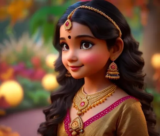 Prompt: A still from a 3d movie of Disney Indian little girl with dark brown long wavy hair. Wearing saree, jhumka earrings, golden necklace, Garden in the background, 3d blender render, Pixar inspired, Disney, clear detailed beautiful face, brown eyes, adorable. Autumn vibes. 8k octane render unreal engine, surrealism
