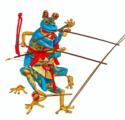 Prompt: venomous anthropomorphic Costa Rica blue frog humanoid dressed as a kyudo archer, wearing a red silk kimono and gold hindu jewelry, carying a japanese bow and quiver in a japanesse Wes Anderson's movie, dnd samurai frogfolk, photorealistic