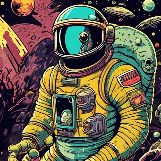 Prompt: 2D comicbook style illustration of an alligator in a space suit, sipping coffee, cosmic background, detailed scales and textures, vibrant colors, retro comicbook style, space exploration, quirky character design, astronaut helmet, steaming coffee cup, cosmic adventure, high quality, detailed lines, vibrant colors, retro comicbook, space theme, detailed scales, astronaut helmet, cosmic background, quirky character design