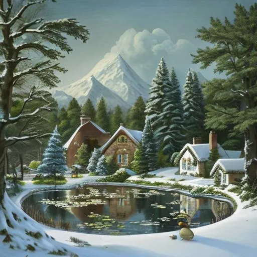 Prompt: A snowscape with evergreens and an english cottage , a small pond with ducks