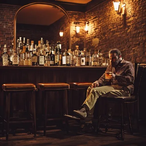 Prompt: A man drinking whiskey alone in the empty bar sad