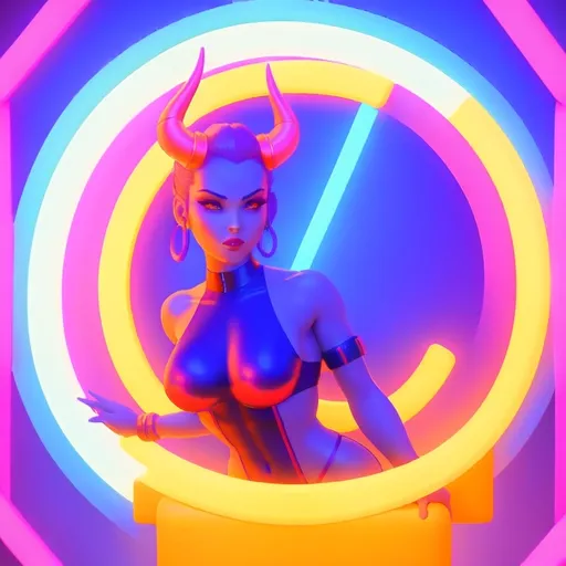 Prompt: a beautiful female demon in a dynamic pose in a retro futuristic synthwave cyberpunk neon paradise.  neon lighting, high quality, beautiful, synthwave, cyber, retro, futuristic