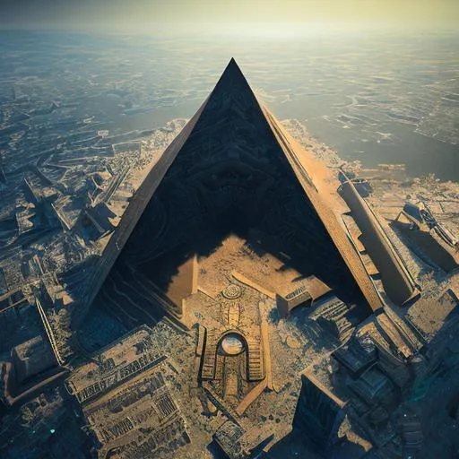 Prompt: Digital art of a metal pyramid with reflection below it, pyramids,  detailed render breathtaking 8k resolution Artgerm, WLOP, Alphonse Mucha dynamic lighting hyperdetailed Splash art trending on Artstation triadic colors Unreal Engine 5 intricately detailed metal maze